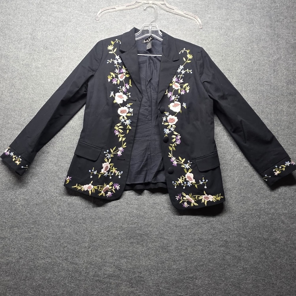 Nicole Miller New York Women's Black Floral Embroidered Blazer Jacket Sz 4